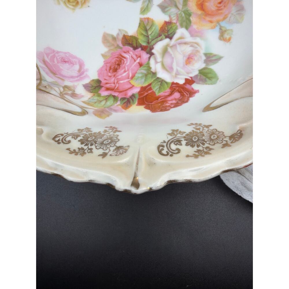 Antique Germany 101 Porcelain Serving Bowl 11” Roses Pink Gold Art Nouveau - Picture 8 of 14